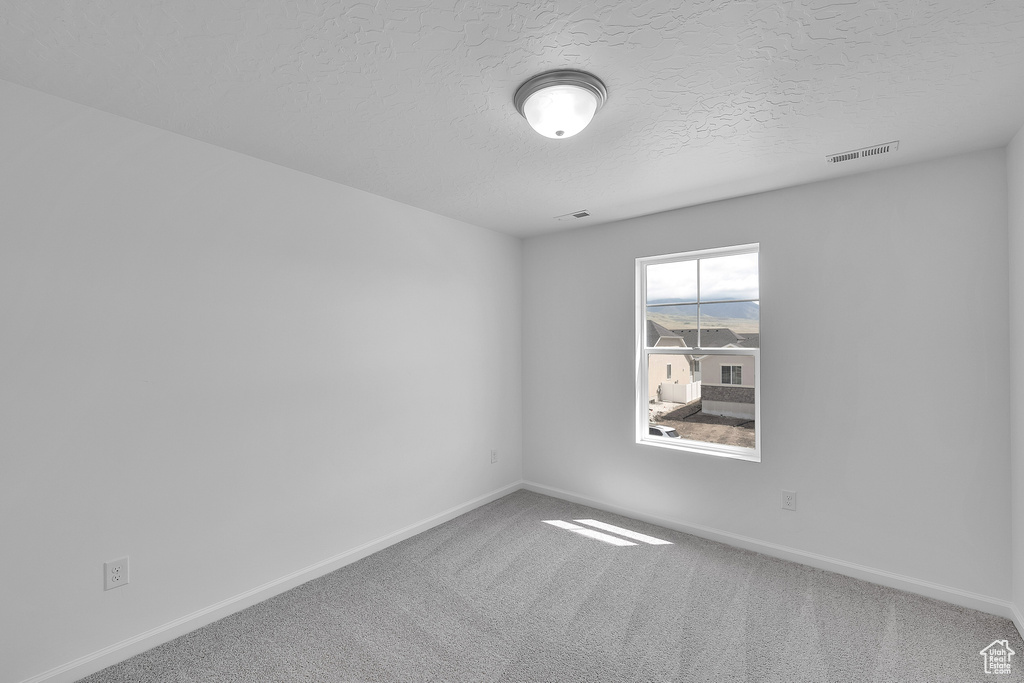 Carpeted spare room featuring a textured ceiling and baseboards