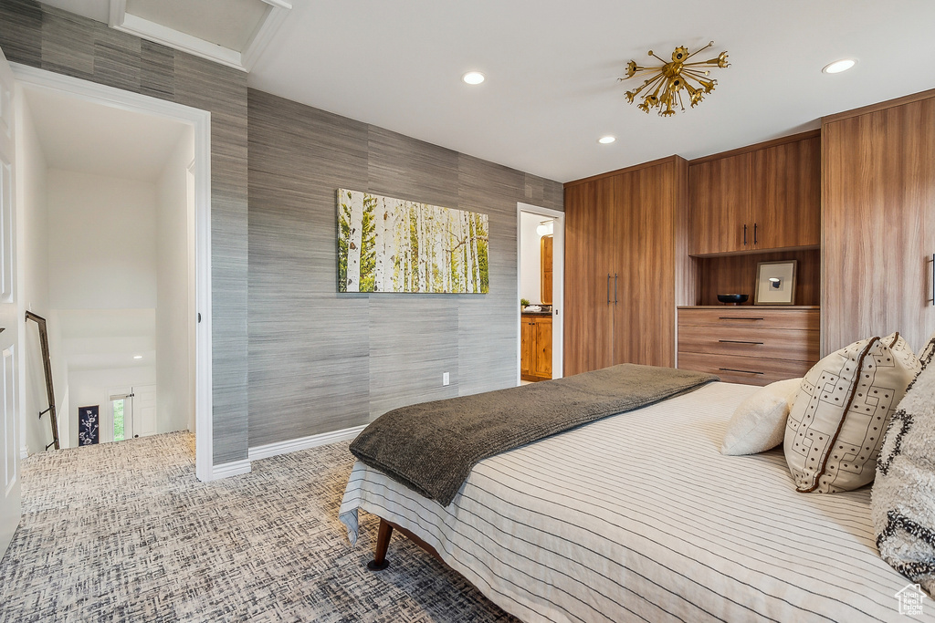Bedroom with recessed lighting, baseboards, and light colored carpet