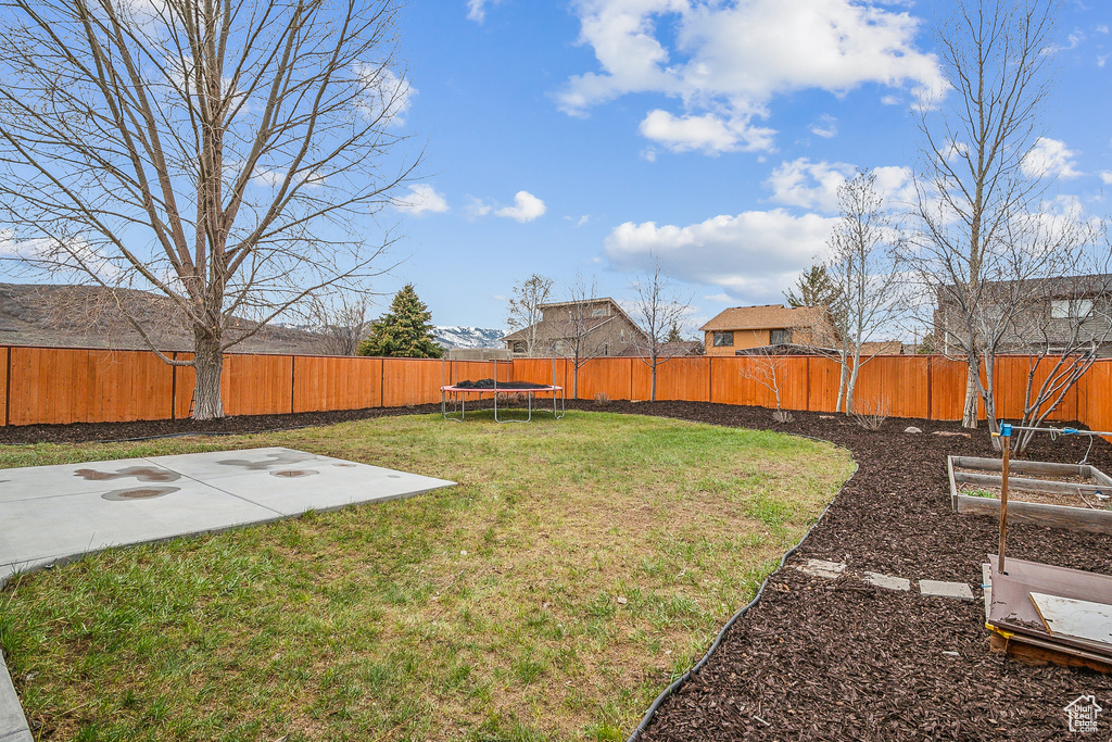 View of yard with a trampoline, a patio area, and a fenced backyard