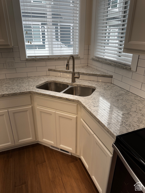 Kitchen with tasteful backsplash, light stone countertops, white cabinetry, and a sink
