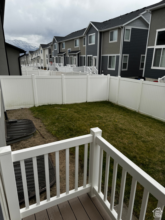 View of yard featuring a fenced backyard, a residential view, and a deck