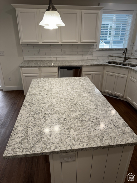 Kitchen with dishwasher, a sink, and white cabinetry