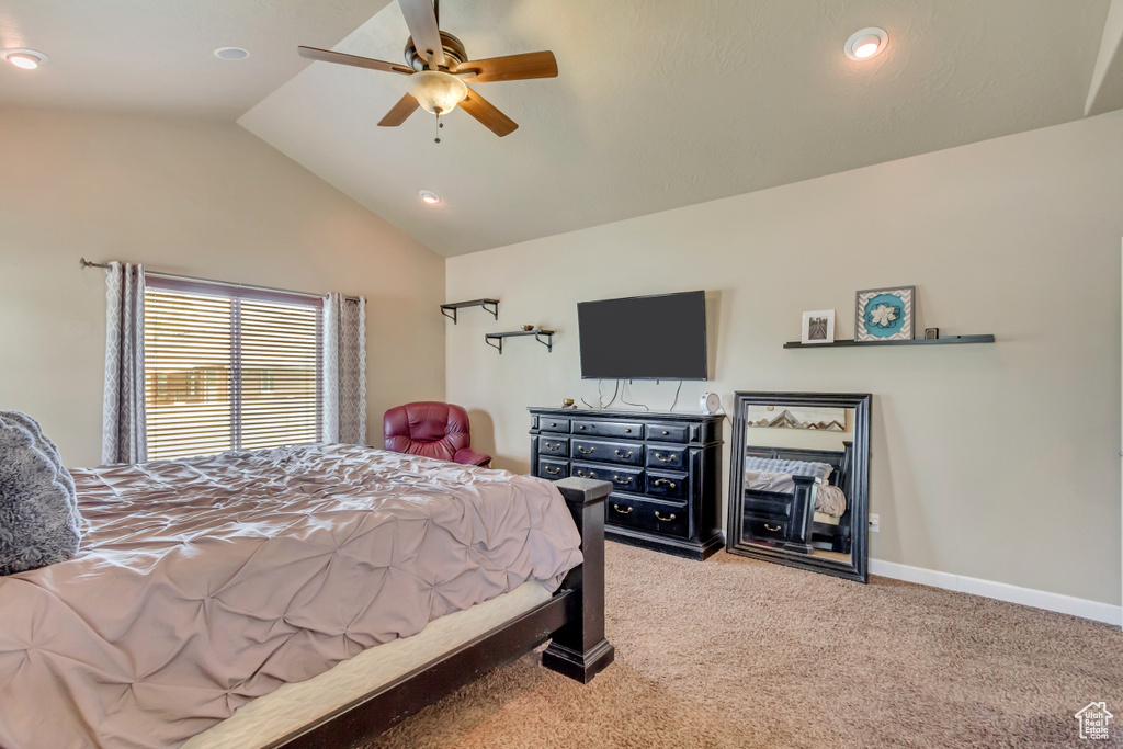 Bedroom featuring ceiling fan, vaulted ceiling, carpet flooring, and recessed lighting