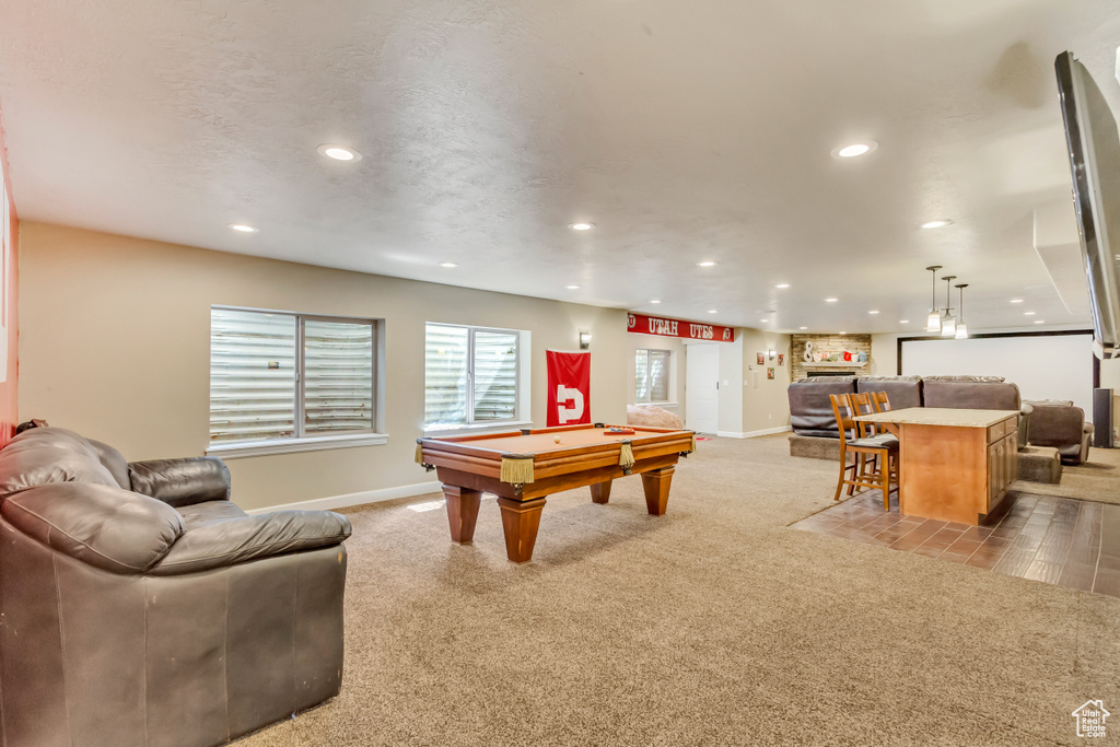 Playroom with recessed lighting, carpet, pool table, and baseboards