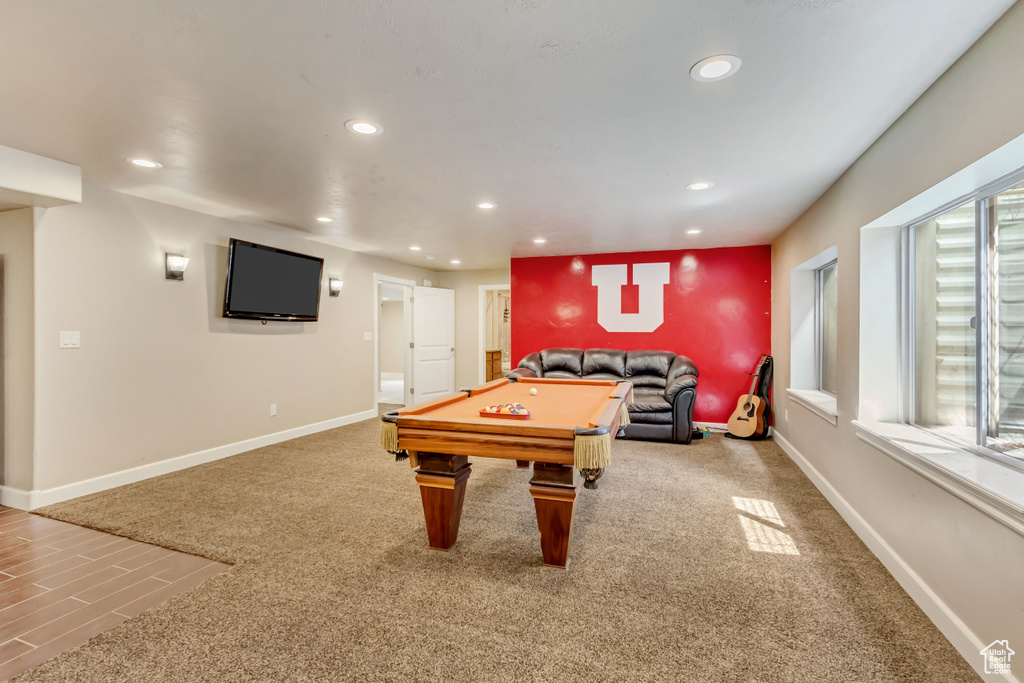Playroom featuring baseboards, pool table, and recessed lighting