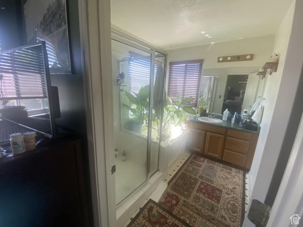 Full bathroom with vanity, a shower stall, and plenty of natural light