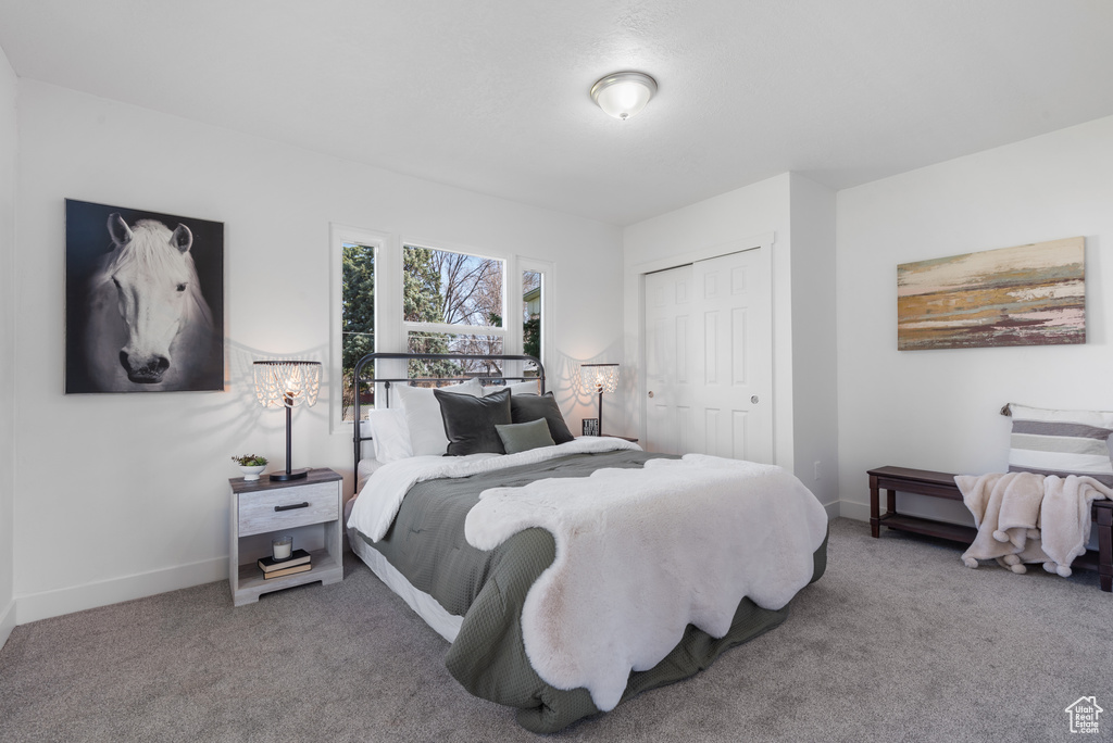 Carpeted bedroom with a closet and baseboards