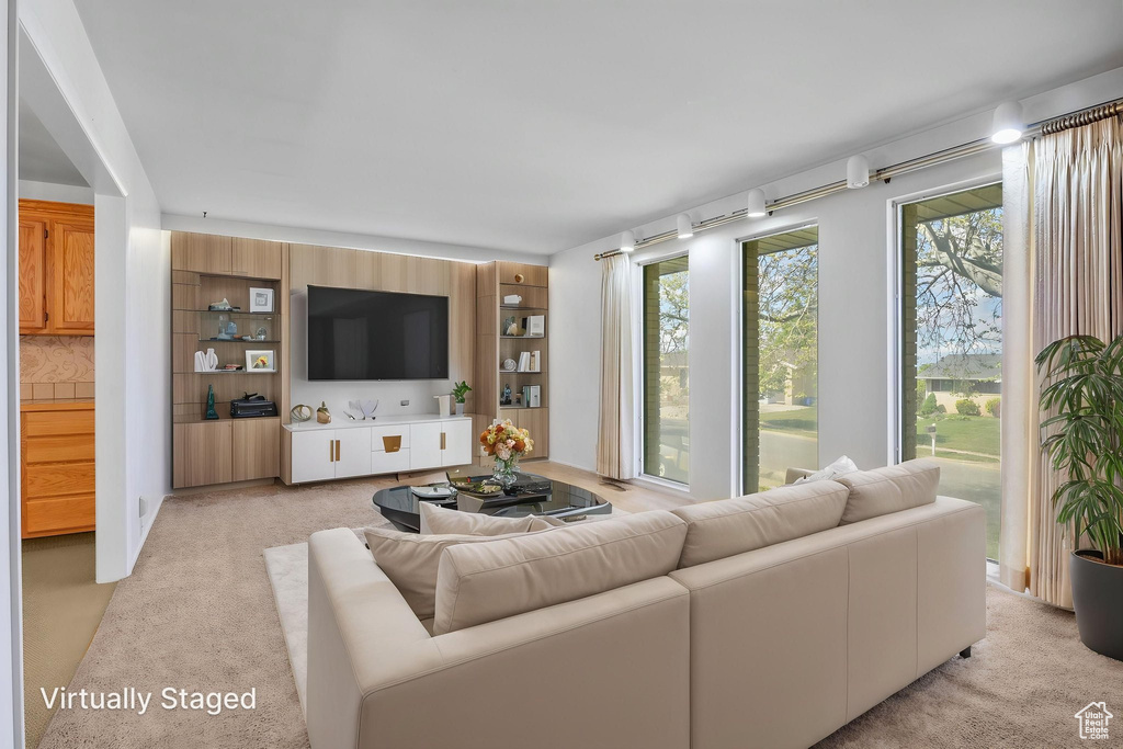 Living room featuring light colored carpet