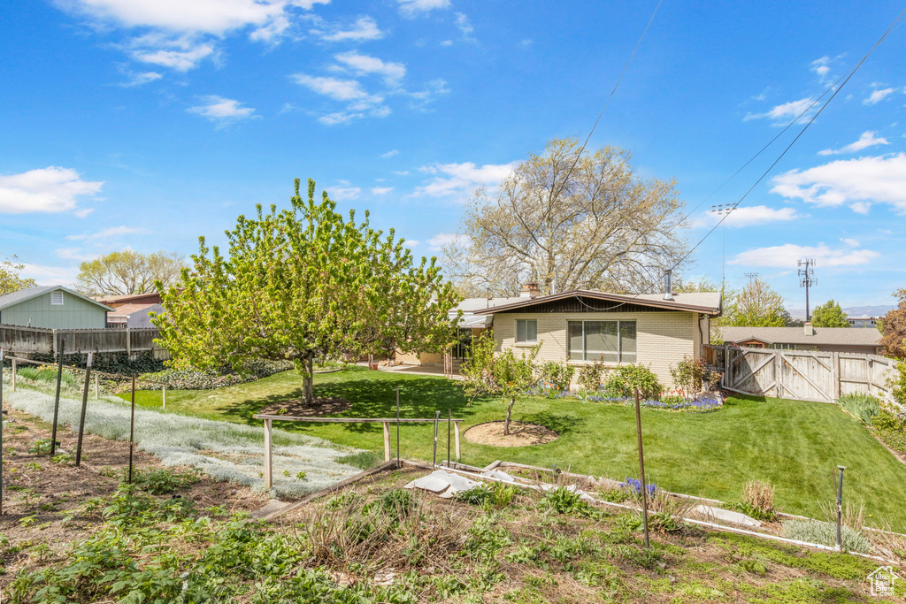 Exterior space featuring fence, a gate, and a front yard