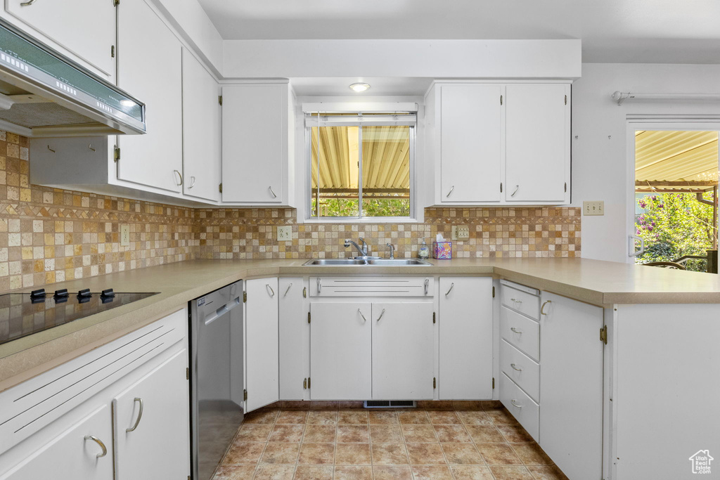 Kitchen featuring stainless steel dishwasher, under cabinet range hood, plenty of natural light, and a sink