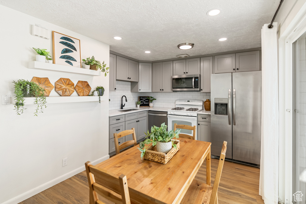 Kitchen featuring stainless steel appliances, gray cabinetry, light wood-style flooring, decorative backsplash, and a sink