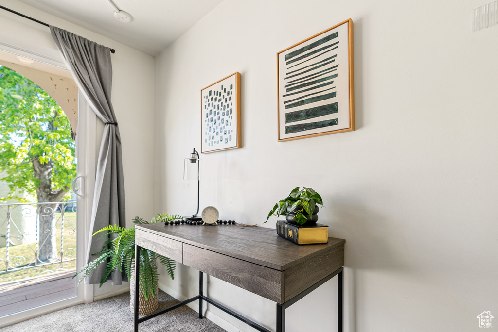 Carpeted office space with plenty of natural light