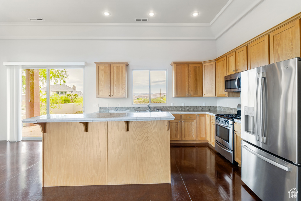 Kitchen featuring a breakfast bar area, appliances with stainless steel finishes, and ornamental molding