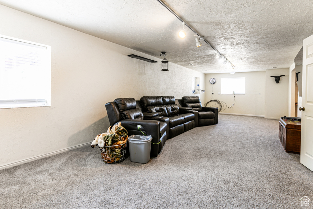 Carpeted living area with track lighting, baseboards, and a textured ceiling