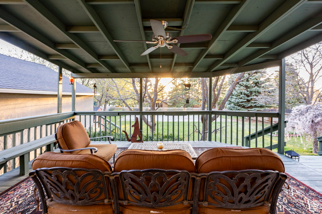Wooden terrace with ceiling fan