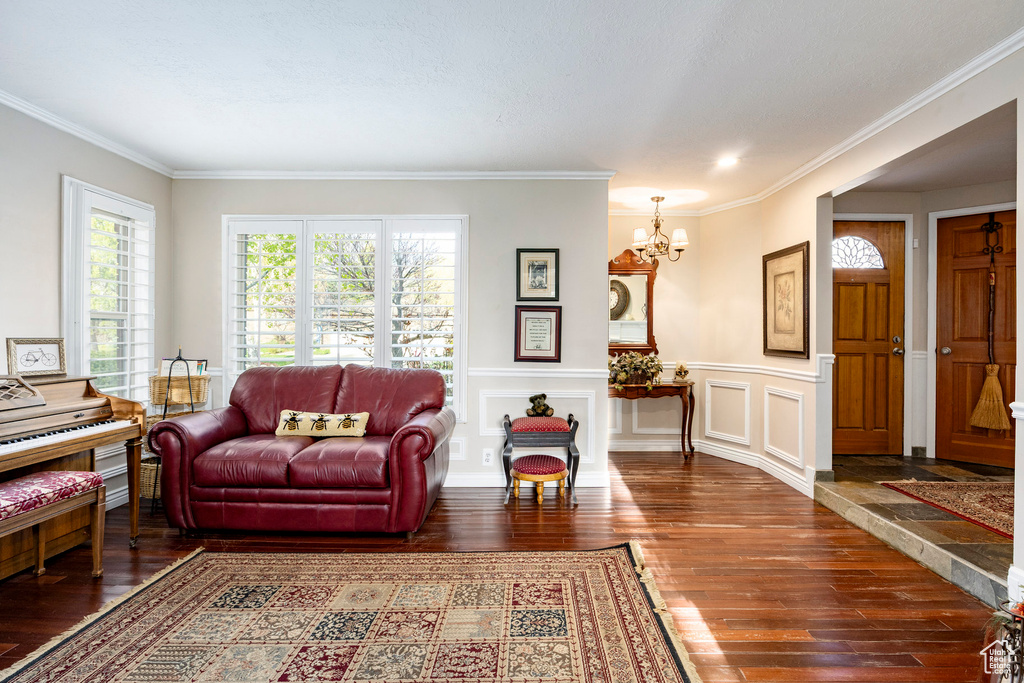 Living room with an inviting chandelier, a wainscoted wall, wood-type flooring, and crown molding
