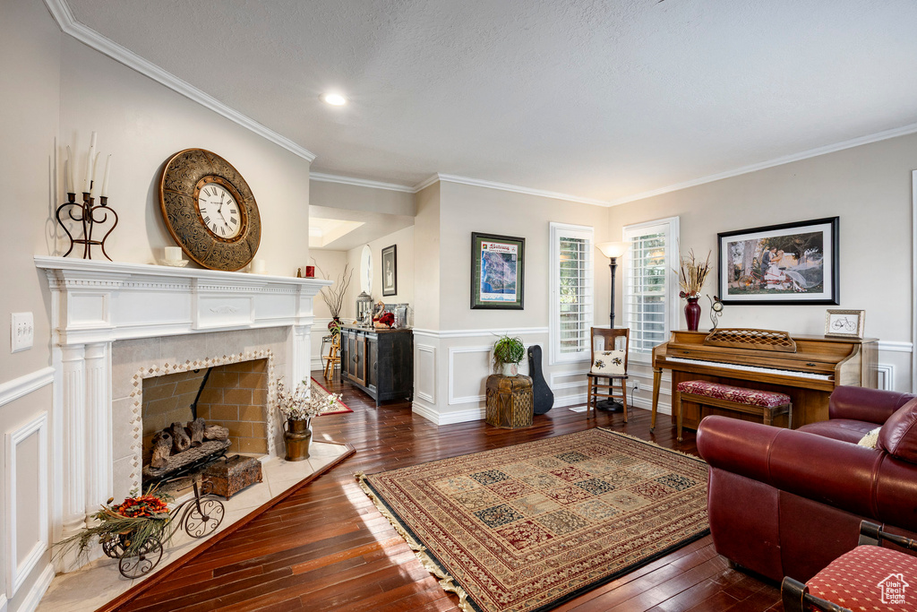 Living room featuring a wainscoted wall, a fireplace, crown molding, and dark wood-style floors