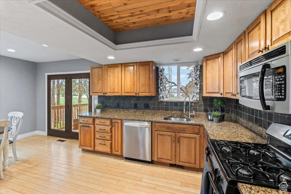 Kitchen featuring stainless steel appliances, a tray ceiling, a sink, and backsplash