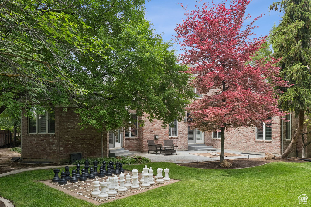 Back of house featuring entry steps, brick siding, a yard, and a patio