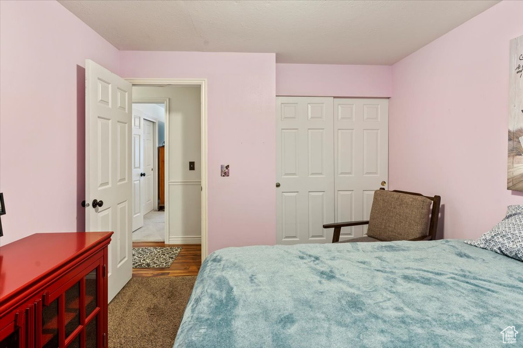 Carpeted bedroom with a closet