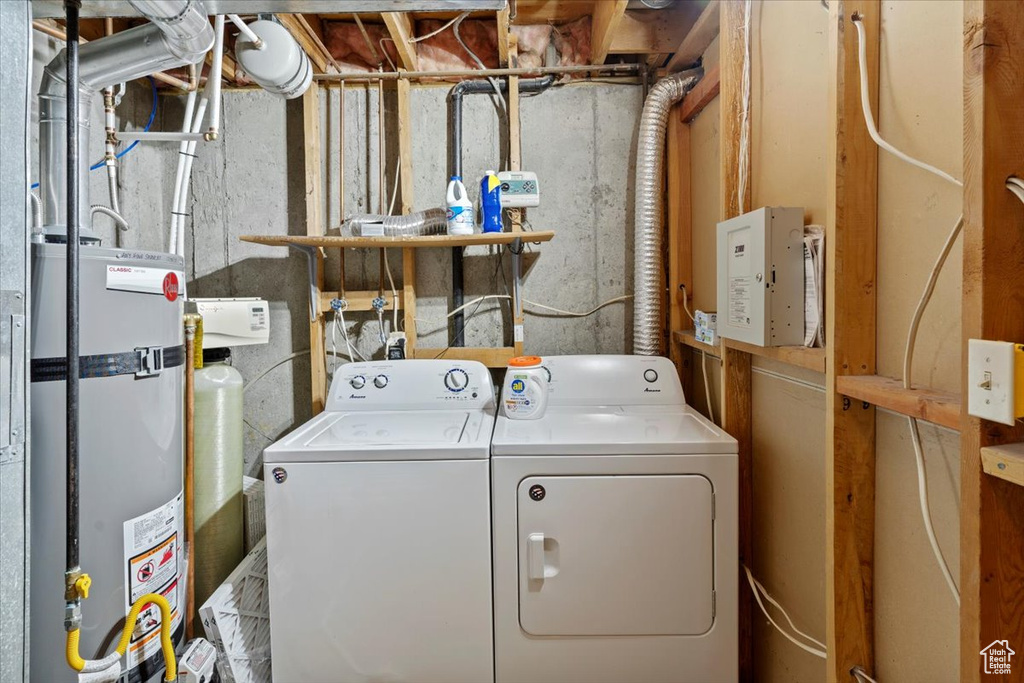 Laundry room featuring gas water heater, laundry area, and washer and clothes dryer