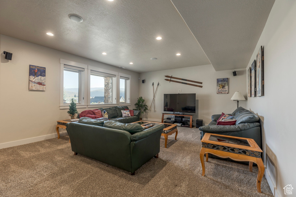 Living room with recessed lighting, carpet flooring, baseboards, and a textured ceiling