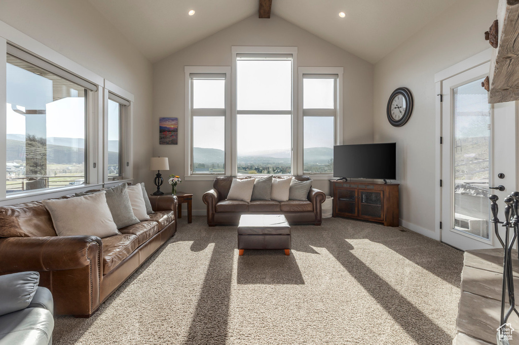 Living area with light colored carpet, baseboards, and recessed lighting