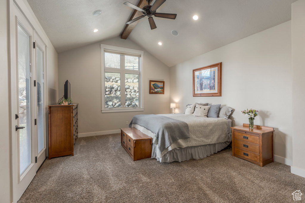 Bedroom featuring baseboards, carpet, recessed lighting, and a ceiling fan