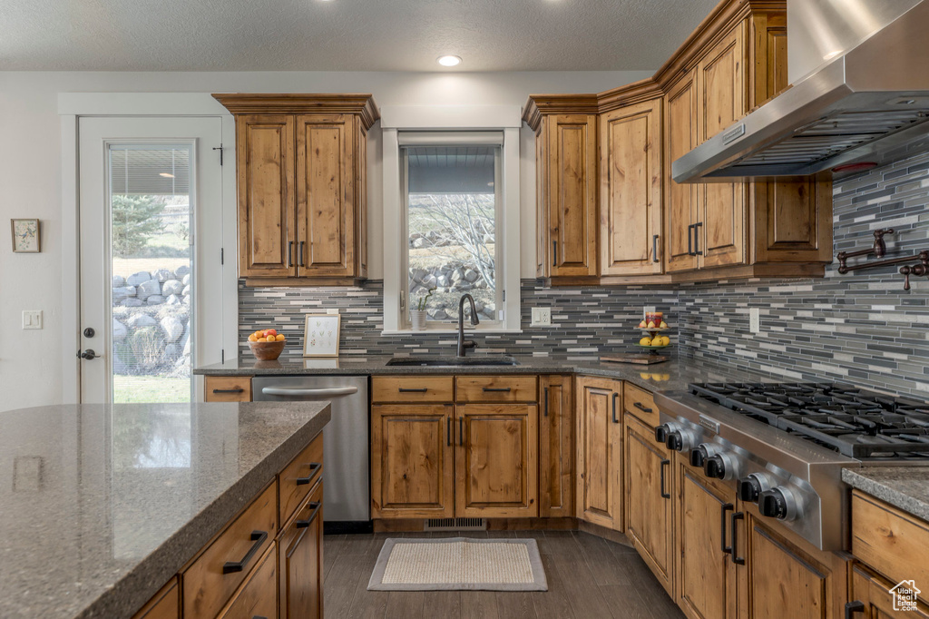 Kitchen featuring appliances with stainless steel finishes, wall chimney exhaust hood, a sink, plenty of natural light, and recessed lighting