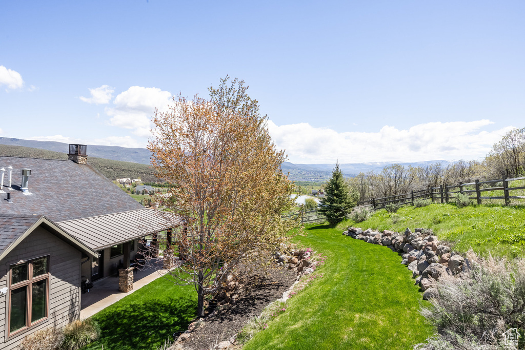 View from above of property featuring a mountainous background