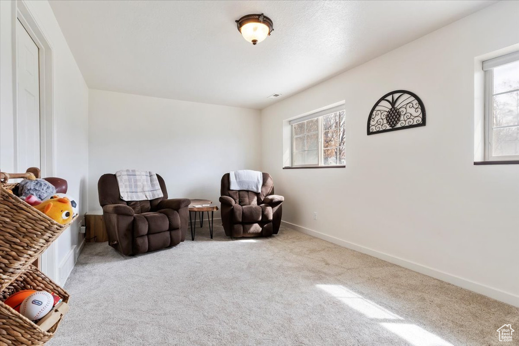 Sitting room featuring plenty of natural light, baseboards, and carpet flooring