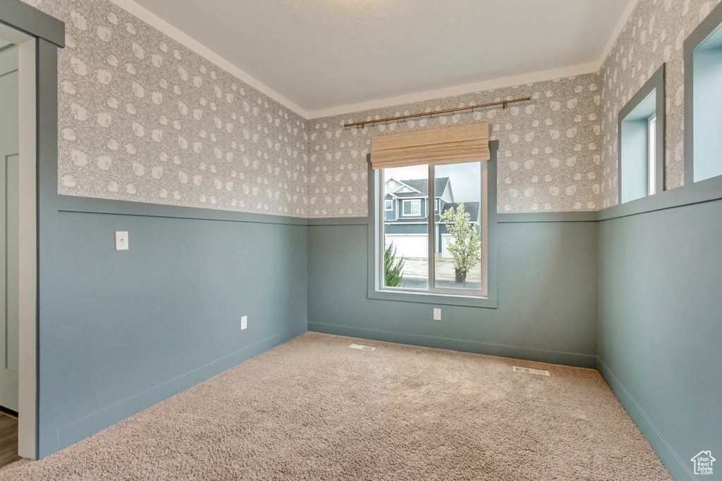 Carpeted spare room featuring wallpapered walls, a wainscoted wall, baseboards, and ornamental molding