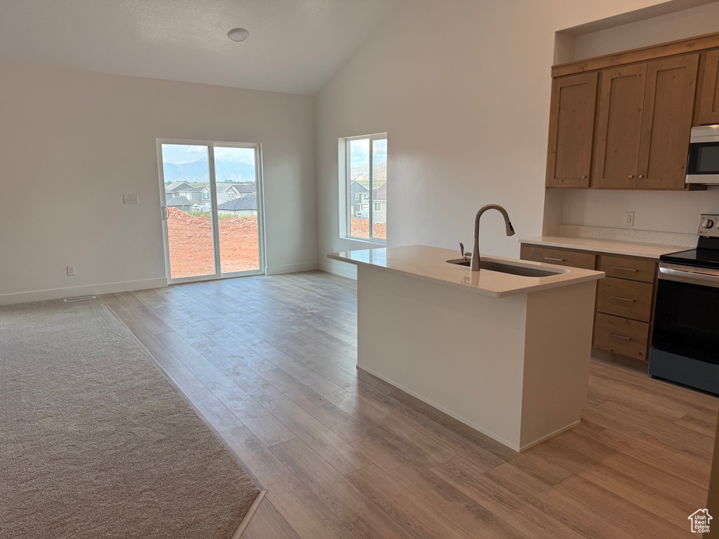 Kitchen with a sink, stainless steel appliances, open floor plan, light wood-style flooring, and light countertops
