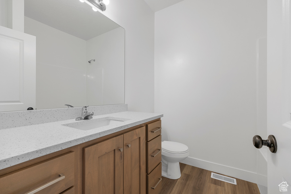 Bathroom with vanity, wood finished floors, and a shower