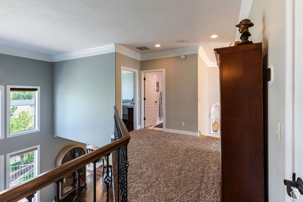 Hall featuring an upstairs landing, healthy amount of natural light, carpet, crown molding, and recessed lighting