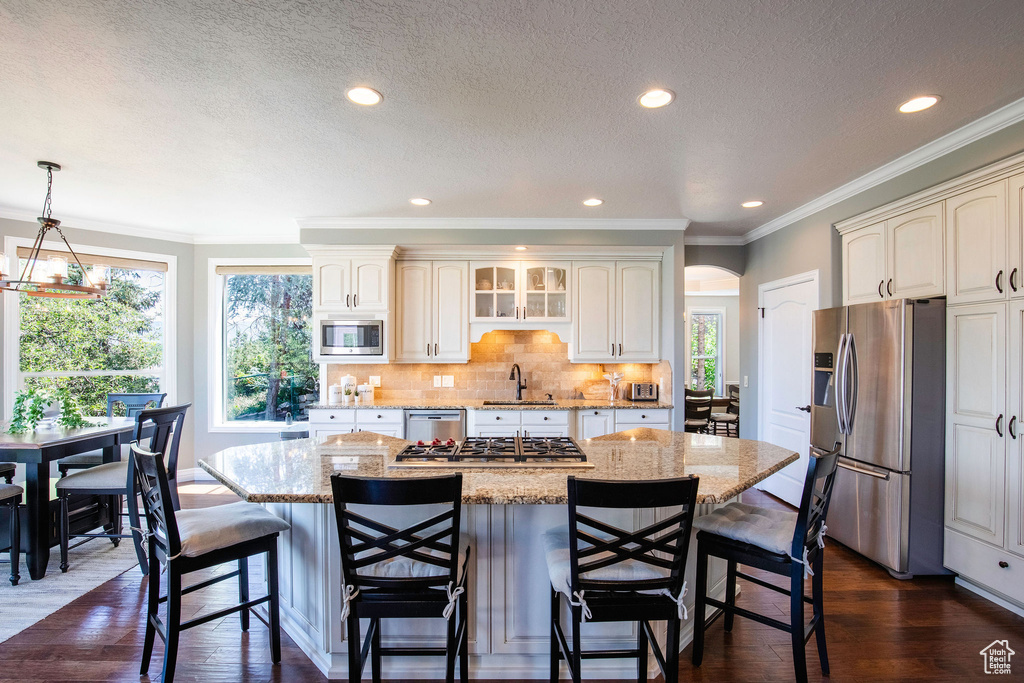 Kitchen with appliances with stainless steel finishes, arched walkways, plenty of natural light, dark wood finished floors, and crown molding