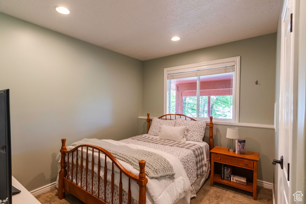 Carpeted bedroom featuring baseboards and recessed lighting