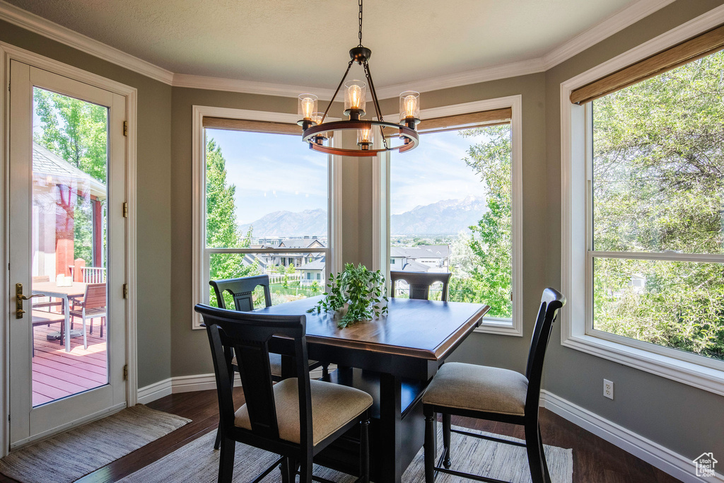 Dining area featuring a chandelier, a mountain view, dark wood finished floors, plenty of natural light, and crown molding