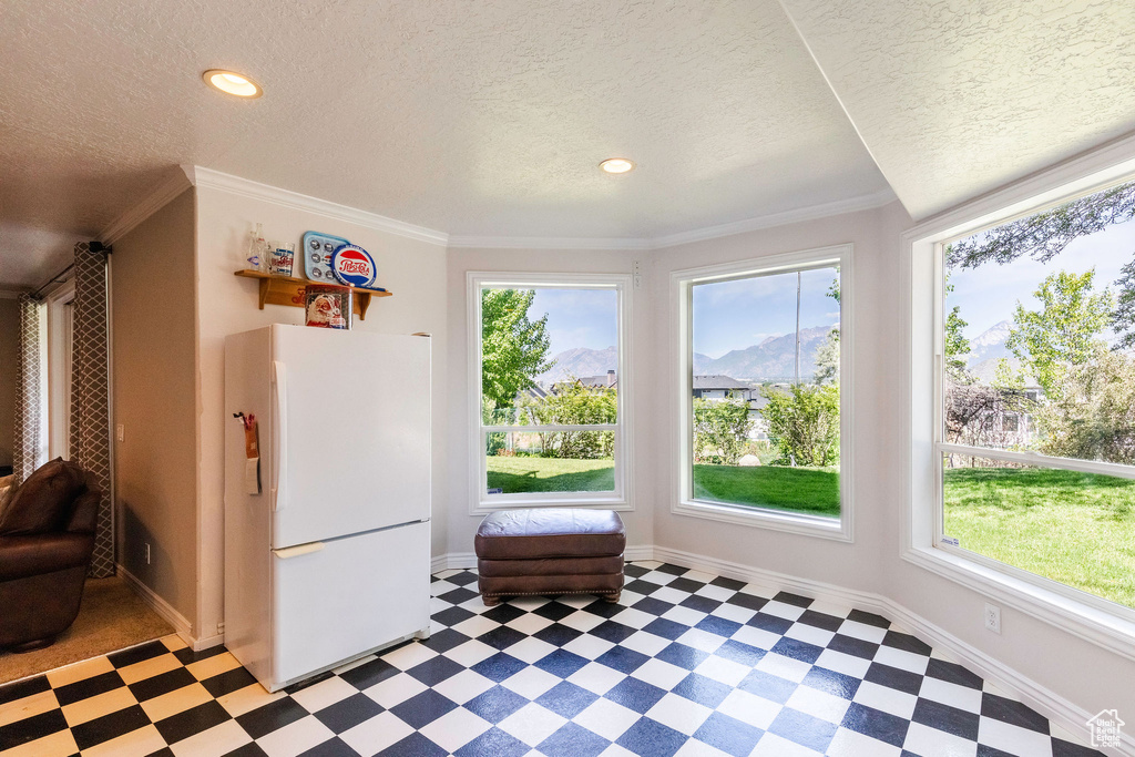 Living area with light flooring and a textured ceiling