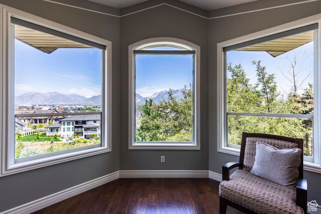 Unfurnished room featuring dark wood-type flooring, a mountain view, and healthy amount of natural light