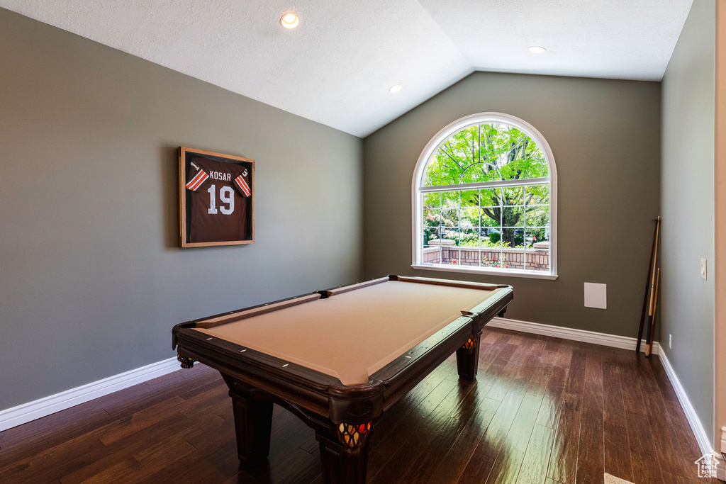 Rec room featuring billiards table, dark wood-style flooring, vaulted ceiling, and recessed lighting
