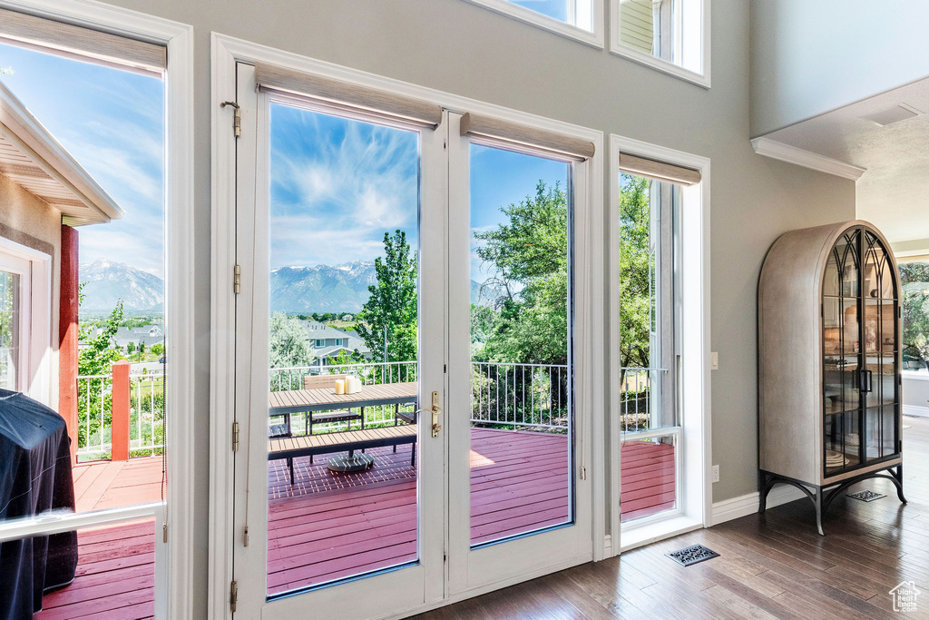 Doorway to outside featuring healthy amount of natural light, wood finished floors, french doors, a mountain view, and ornamental molding