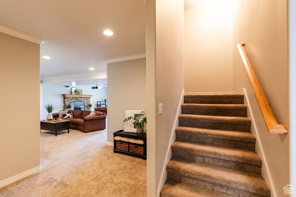 Staircase featuring ornamental molding, carpet, recessed lighting, and a fireplace