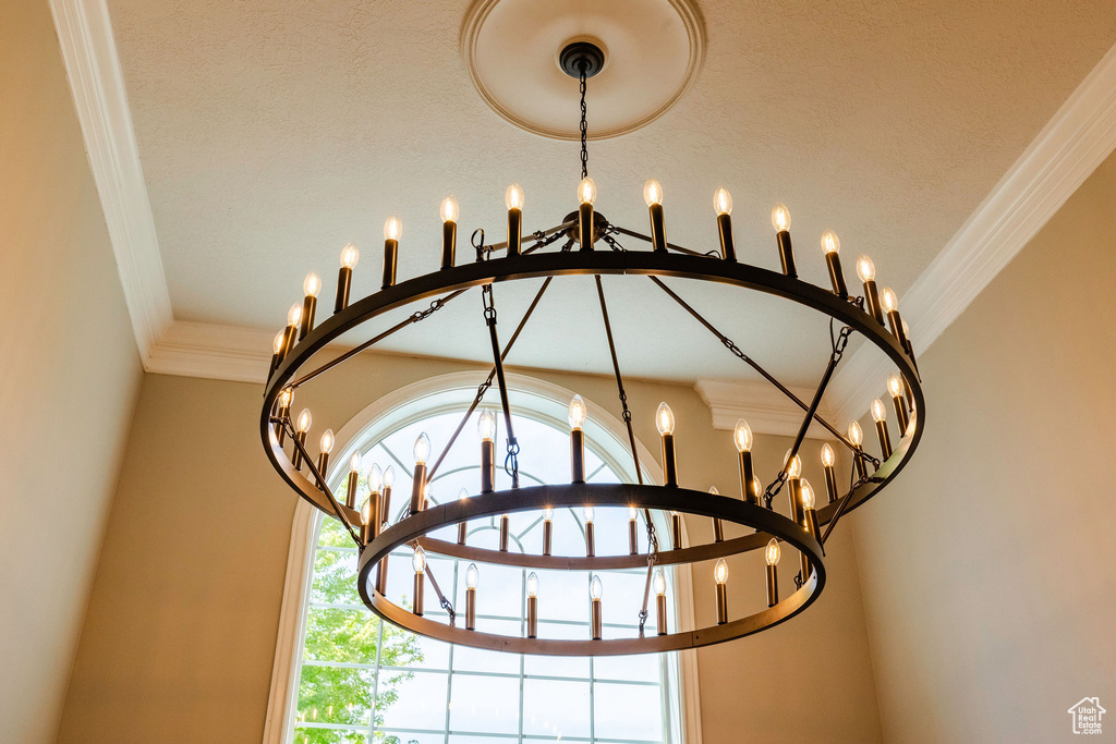 Detailed view of a chandelier and ornamental molding