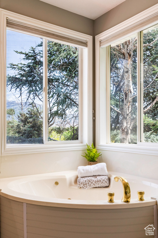 Full bathroom with plenty of natural light and a tub with jets