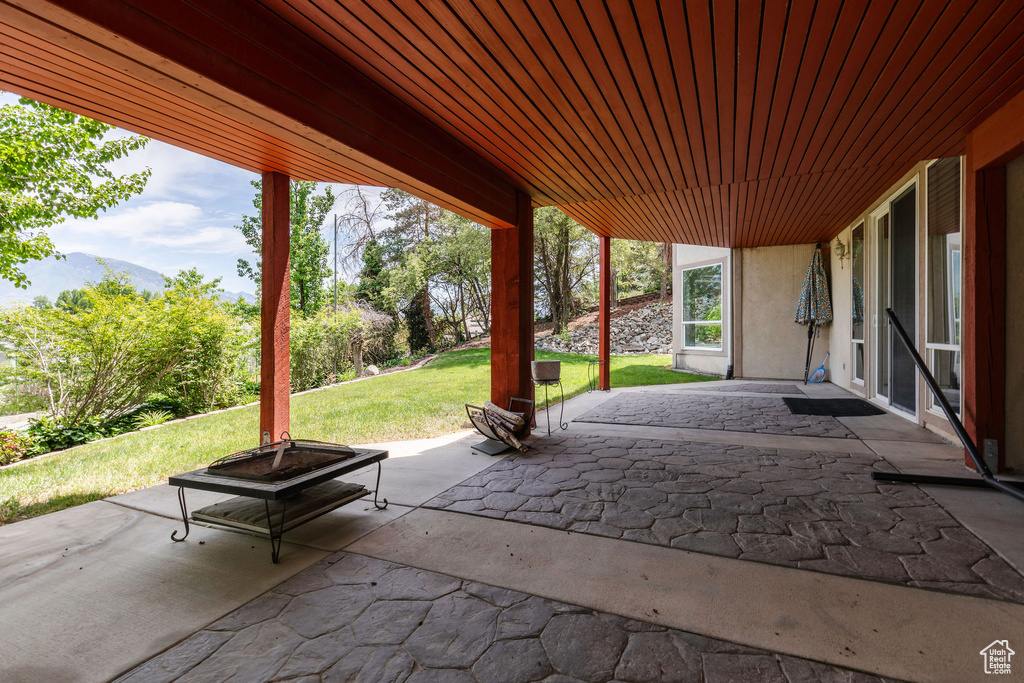 View of patio featuring a mountain view