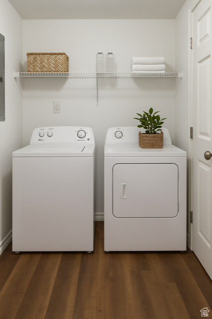 Laundry area featuring washer and clothes dryer, dark wood-style floors, and electric panel