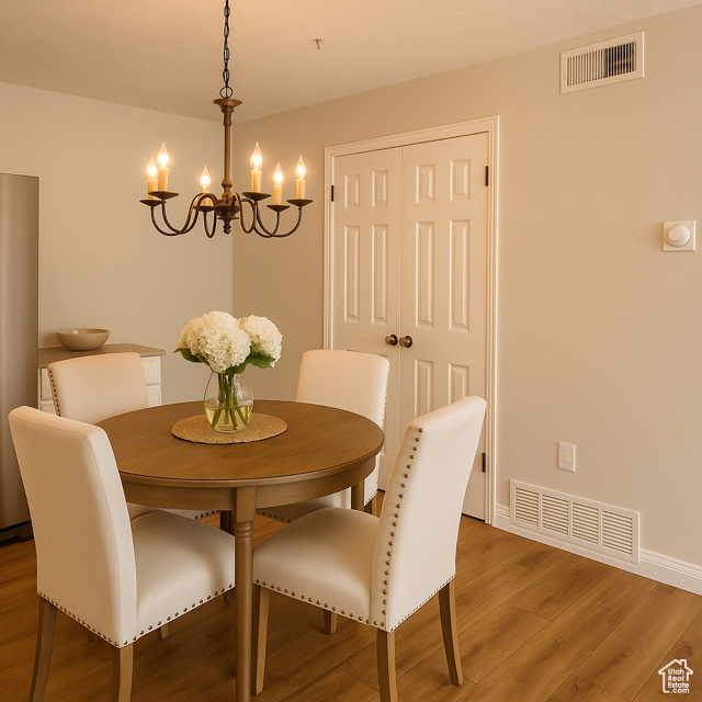 Dining area featuring a chandelier and wood finished floors