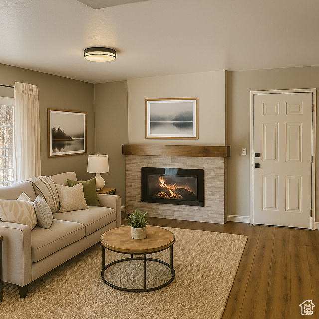 Living room with a tiled fireplace and wood finished floors
