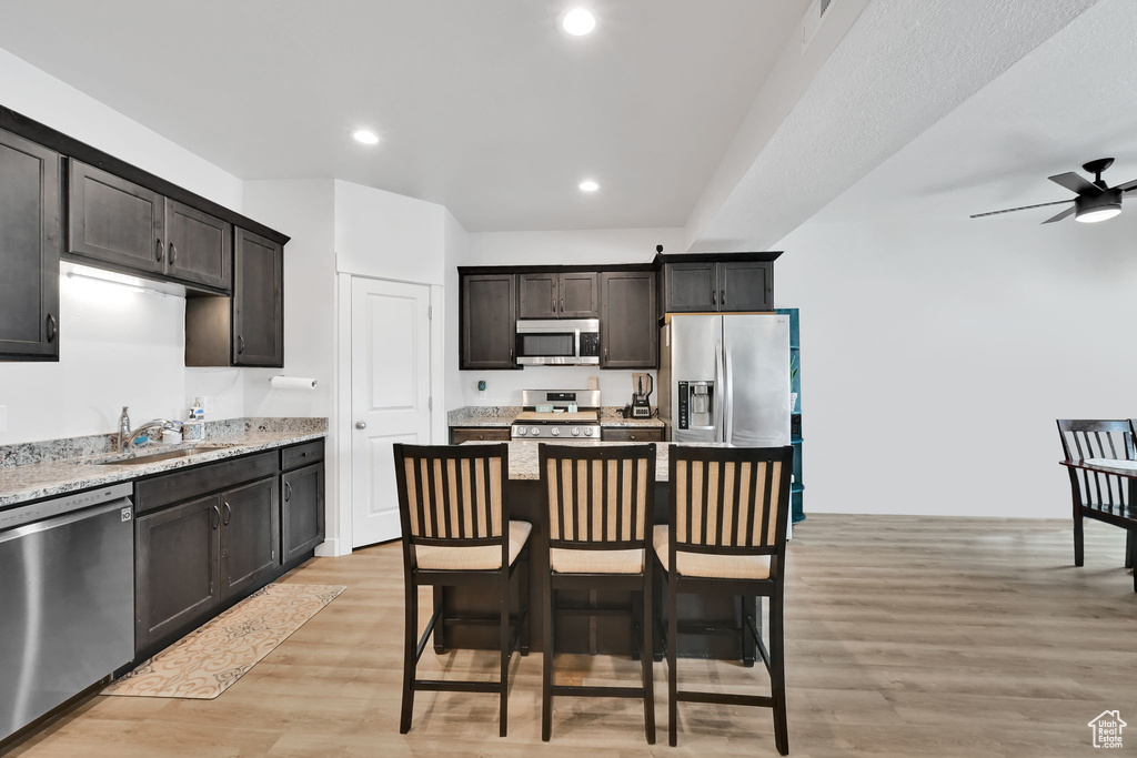 Kitchen featuring light wood-style floors, appliances with stainless steel finishes, ceiling fan, and a sink